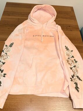 CIVIL REGIME Hoodie Large Pink Tie Dye Roses Embroidered Pullover Hoodie